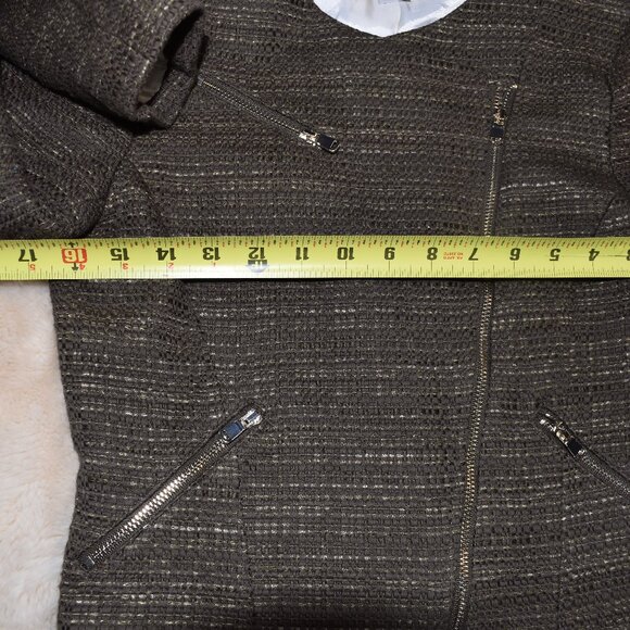 H&M Olive Green Tweed Asymmetrical Zip Blazer Jacket Women’s 6 Small Chic - Picture 3 of 7